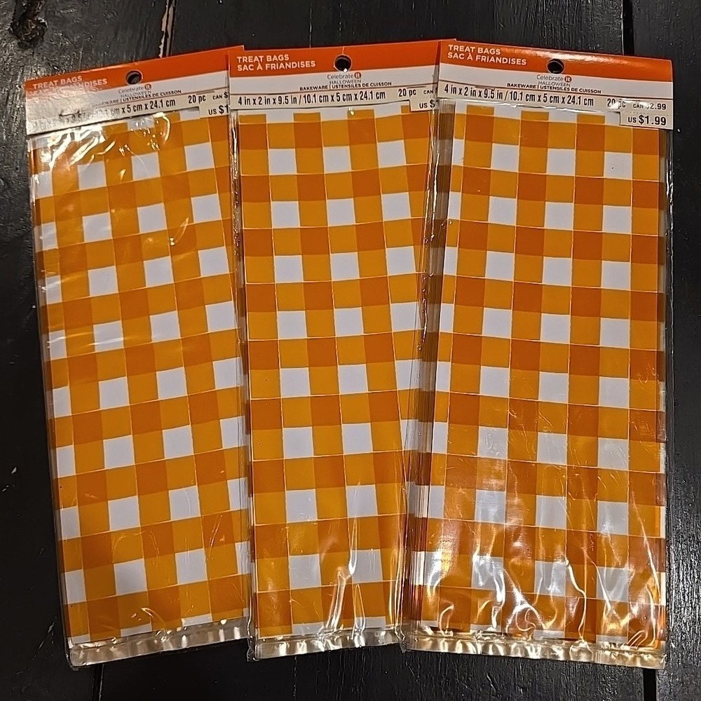 NEW Celebrate It ORANGE PLAID Treat Bags 3 Pkgs = 60 Bags w/ Ties Total